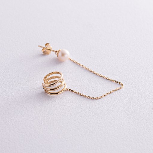 Серьга - каффа "Тринити" с жемчужиной (желтое золото) с08260 7