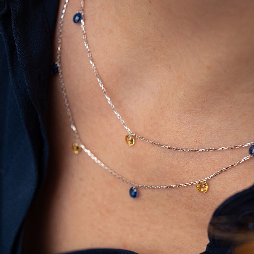 Двойное золотое колье "Украинка" (синие и желтые фианиты) кол02338 8