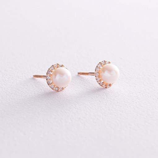 Золотые серьги - пусеты с жемчугом и фианитами с08167