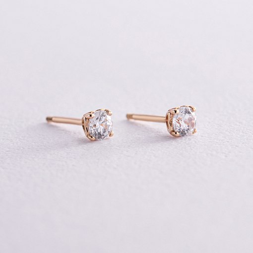 Серьги - пусеты "Сердечки" в желтом золоте (фианиты) с06942 2