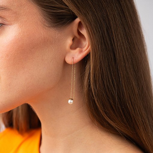 Серьги - протяжки с жемчугом (желтое золото) с08266