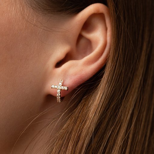 Серьги - кольца "Крестики" с фианитами (красное золото) с09195 2