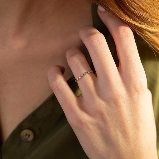 Каблучка з різнокольоровими фіанітами (жовте золото) к07162 7