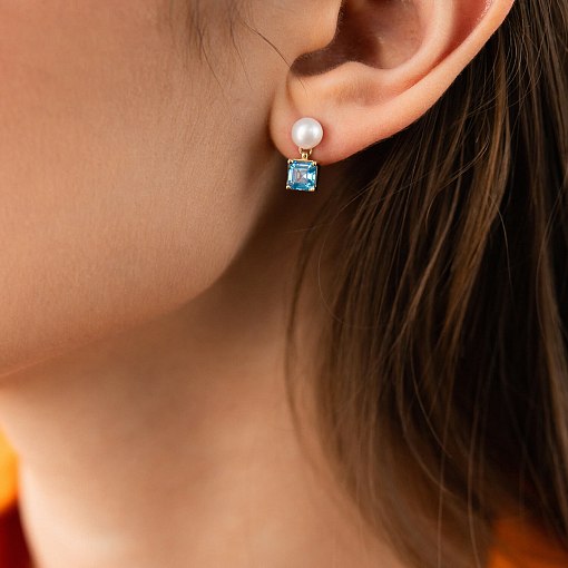 Золотые серьги - пусеты "Альма" (голубые фианиты, жемчуг) с08253 9