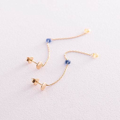 Висячие золотые серьги - пусеты "Украинка" (голубые и желтые фианиты) с08104 3