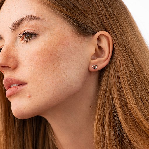 Серьги - пусеты "Сердечки" в белом золоте (фианиты) с08474 3