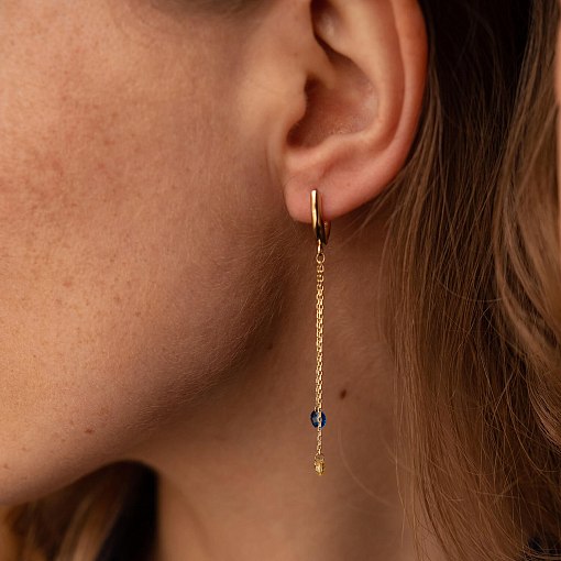 Висячие золотые серьги "Украинка" (голубые и желтые фианиты) с08106 2
