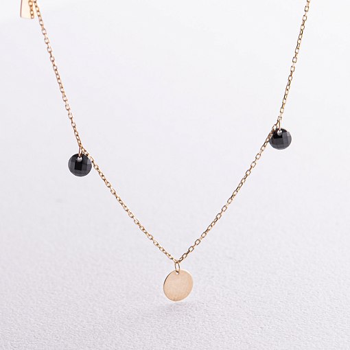 Золотой браслет "Сердечки и монетка" на ногу (черные фианиты) б04796 3