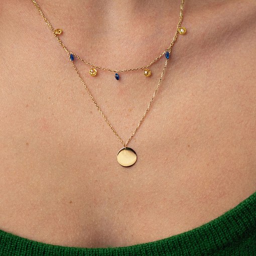 Двойное золотое колье "Украинка" с монеткой (синие и желтые фианиты) кол02325 6